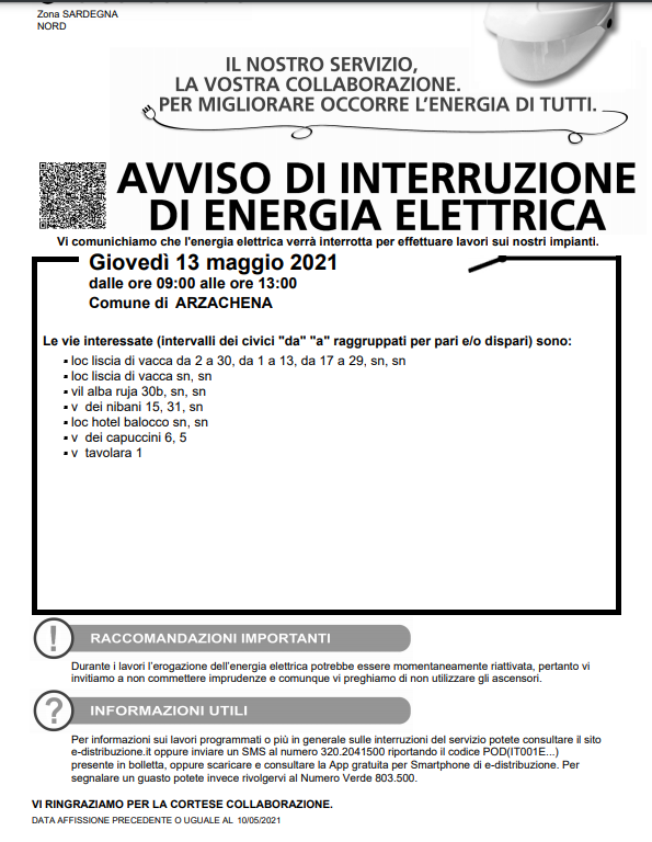 Avviso interruzione energia elettrica 13 maggio