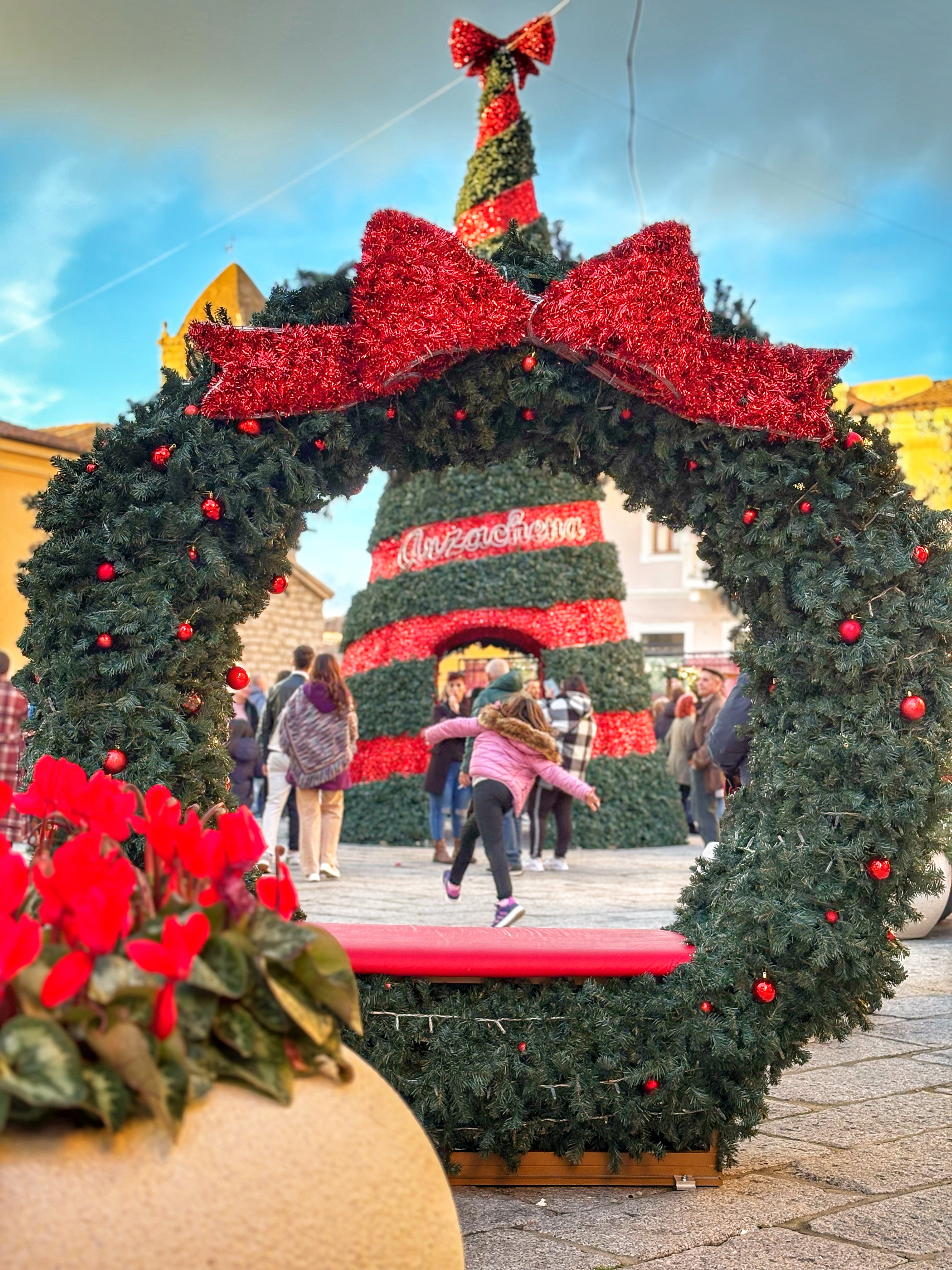 un'immagine degli allestimenti con albero di natale e ghirlande in piazza Risorgimento
