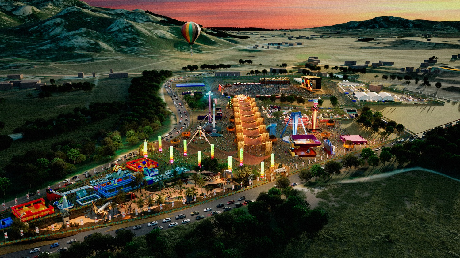 simulazione del Lebonski park con giostre e area concerto