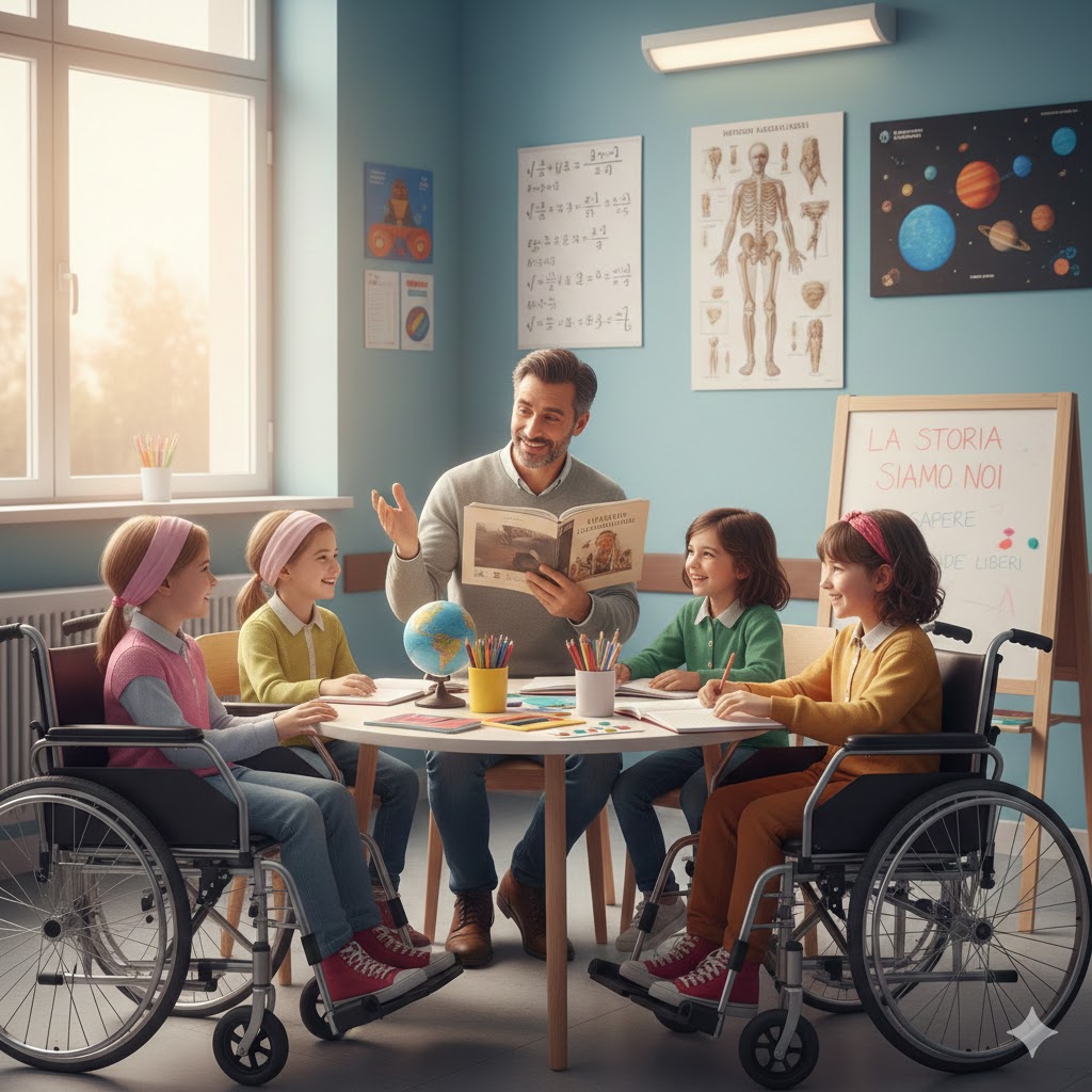Immagine creata con l'intelligenza artificiale che rappresenta un maestro con dei bambini all'ospedale